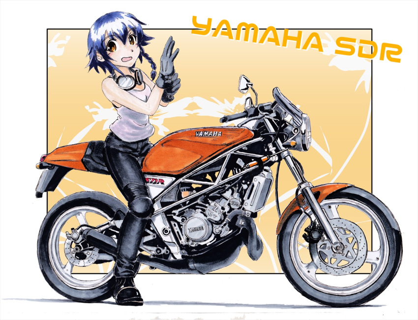 1girl bangs black_border black_gloves black_hair black_pants border braid brown_eyes commentary_request english_commentary eyebrows_visible_through_hair girls_und_panzer gloves goggles goggles_around_neck ground_vehicle hair_tie leather leather_pants logo motor_vehicle motorcycle nishimiya_makoto on_motorcycle open_mouth pants pepperoni_(girls_und_panzer) shirt short_hair side_braid smile solo tank_top white_shirt yamaha yamaha_sdr200