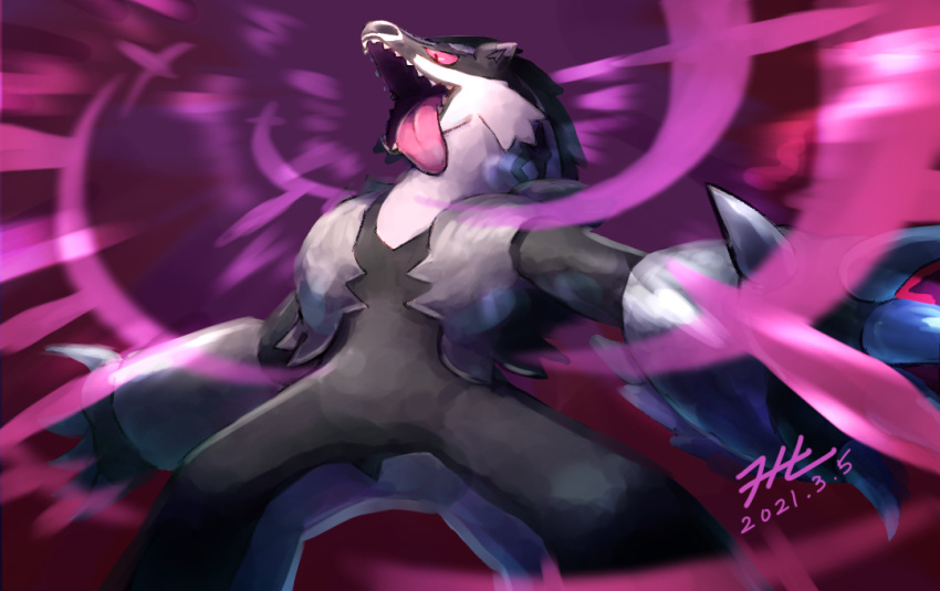 blurry claws commentary_request dated from_below gen_8_pokemon no_humans null_suke obstagoon one-hour_drawing_challenge open_mouth outstretched_arms pink_eyes pokemon pokemon_(creature) sharp_teeth signature solo teeth tongue tongue_out