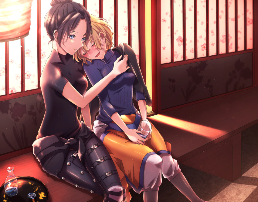 2girls apex_legends bench black_bodysuit black_hair blonde_hair blue_sweater blush bodysuit breasts closed_eyes crossed_legs cup drinking_glass drunk grey_eyes hair_behind_ear hair_bun hand_on_another's_shoulder highres holding holding_cup lantern leaning_on_person looking_down medium_breasts multiple_girls open_mouth ribbed_sweater sa10yul sakazuki short_hair sitting smile sweater wattson_(apex_legends) wraith_(apex_legends) yuri