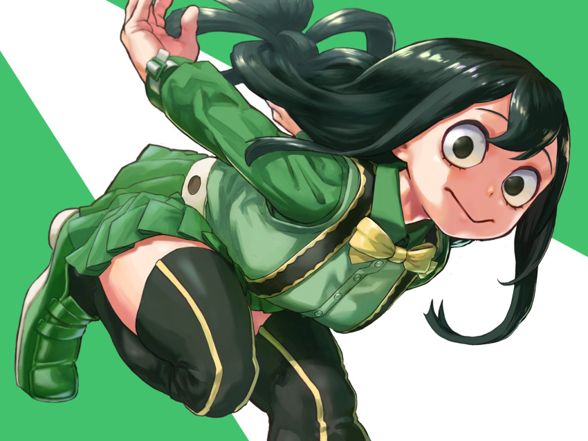 1girl 4o080_yotabnc :&gt; asui_tsuyu boku_no_hero_academia bow bow_by_hair bowtie breasts commentary_request green_background green_footwear green_hair green_skirt hair_between_eyes hair_rings highres long_hair low-tied_long_hair medium_breasts pleated_skirt skirt solo suspender_skirt suspenders thigh-highs white_background yellow_neckwear