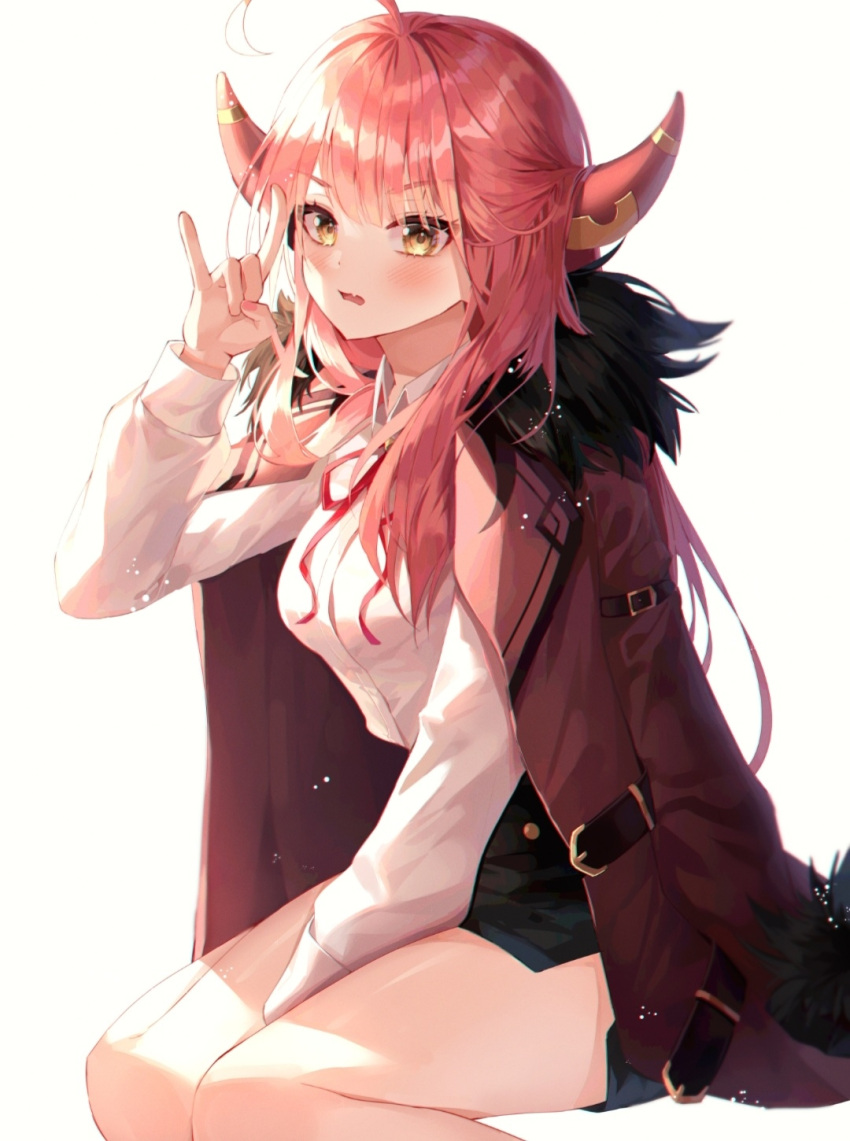1girl ahoge aru_(blue_archive) bangs blue_archive blunt_bangs eyebrows_visible_through_hair fang fox_shadow_puppet fur-trimmed_jacket fur_trim hand_up highres horns jacket jacket_on_shoulders long_hair long_sleeves looking_at_viewer minttchocok red_neckwear red_ribbon redhead ribbon shirt simple_background sitting skin_fang solo thighs white_background white_shirt yellow_eyes