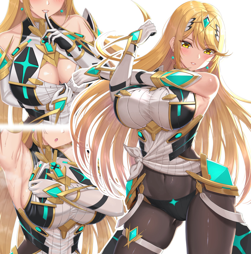 1girl absurdres armpits black_legwear blonde_hair blush breasts cleavage_cutout clothing_cutout earrings finger_to_mouth gloves highres jewelry large_breasts long_hair multiple_views mythra_(massive_melee)_(xenoblade) mythra_(xenoblade) navel nemunemu_semi open_mouth pantyhose shiny shiny_clothes stretch super_smash_bros. sweat very_long_hair white_gloves xenoblade_chronicles_(series) xenoblade_chronicles_2 yellow_eyes