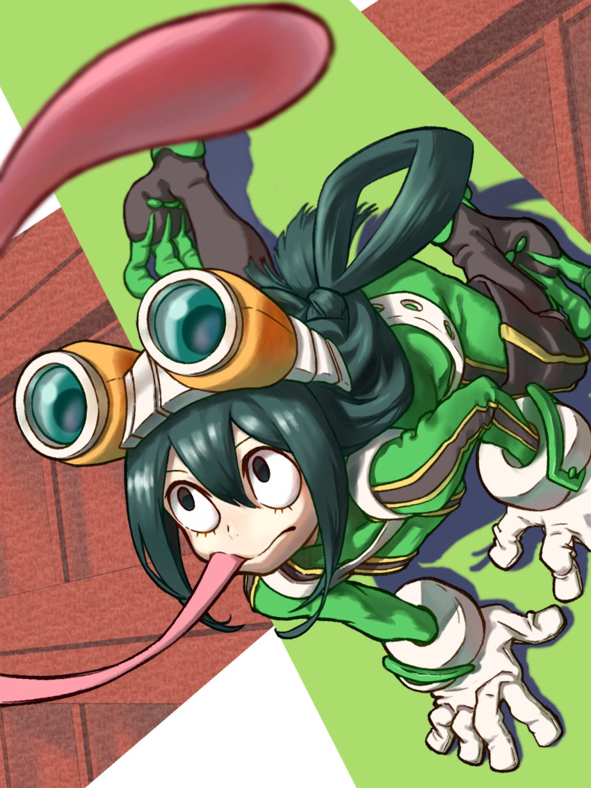 1girl 4o080_yotabnc asui_tsuyu black_eyes bodysuit boku_no_hero_academia bow_by_hair commentary_request frog_girl gloves goggles goggles_on_head green_bodysuit green_hair hair_between_eyes hair_rings highres long_hair long_tongue low-tied_long_hair solo tongue tongue_out very_long_tongue
