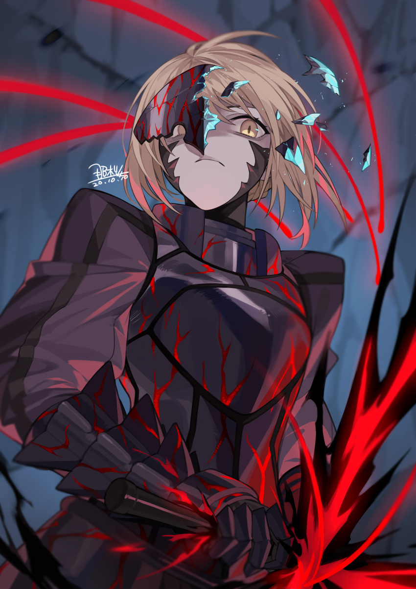 1girl absurdres armor artoria_pendragon_(all) aura black_armor blonde_hair blurry blurry_background broken broken_mask closed_mouth crack dark_aura dated fate/grand_order fate/stay_night fate_(series) frown gauntlets heaven's_feel highres holding holding_sword holding_weapon mask saber_alter seyana short_hair signature solo sword vambraces weapon yellow_eyes
