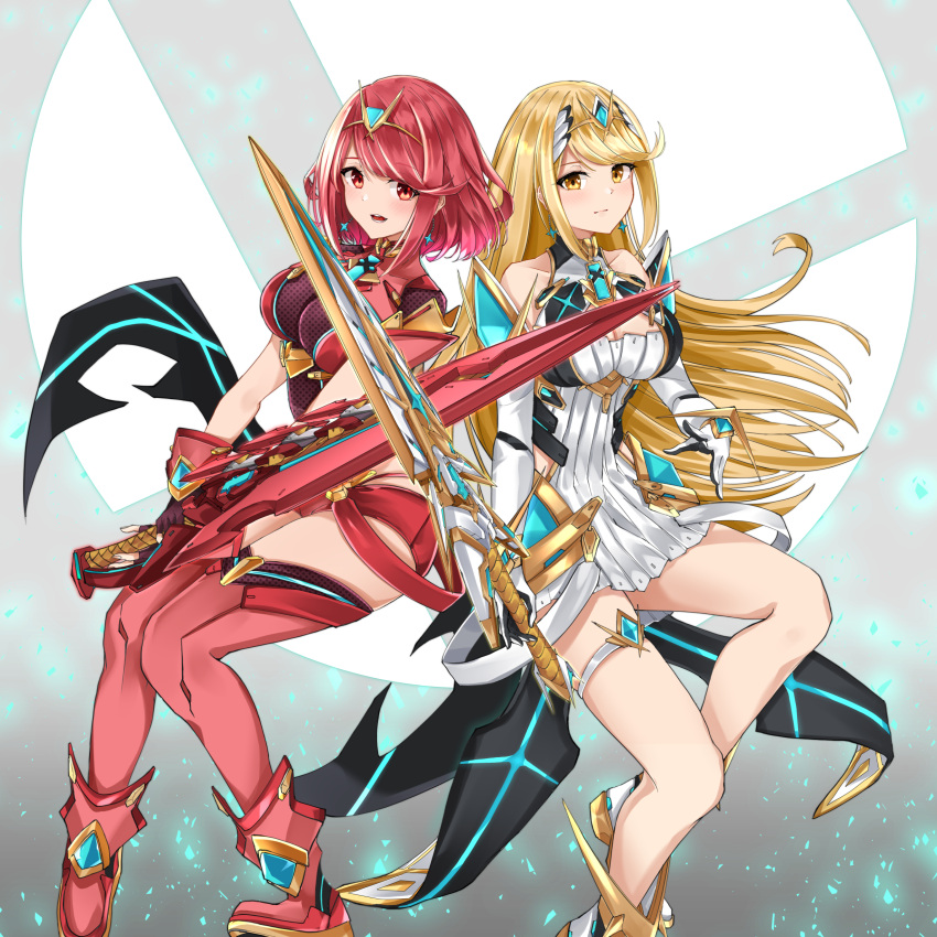 2girls absurdres aegis_sword_(xenoblade) bangs bare_legs bare_shoulders black_gloves blonde_hair breasts chest_jewel dress earrings elbow_gloves feet_out_of_frame fingerless_gloves gloves highres jewelry large_breasts long_hair looking_at_viewer multiple_girls mythra_(xenoblade) pyra_(xenoblade) red_eyes red_shorts redhead sarasadou_dan short_dress short_hair short_shorts shorts swept_bangs thigh-highs thigh_strap tiara very_long_hair white_dress white_footwear white_gloves xenoblade_chronicles_(series) xenoblade_chronicles_2 yellow_eyes