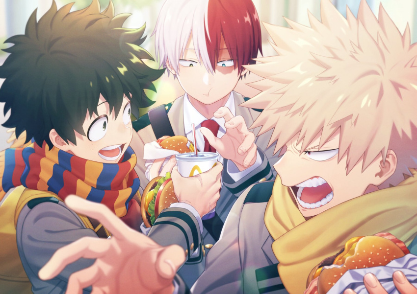 3boys bakugou_katsuki bangs black_eyes black_hair blazer blonde_hair blue_eyes boku_no_hero_academia burn_scar chewing cup drinking_straw food grey_eyes grey_jacket hair_between_eyes hamburger heterochromia highres holding holding_cup holding_food jacket long_sleeves looking_at_another male_focus midoriya_izuku multicolored_hair multicolored_neckwear multiple_boys necktie open_mouth profile red_eyes red_neckwear redhead scar scarf school_uniform short_hair smile spiky_hair teeth todoroki_shouto tsuu_(tu-3) two-tone_hair upper_body white_hair yellow_neckwear