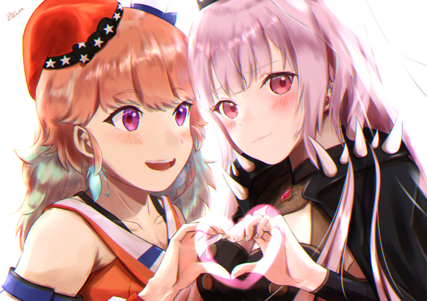 2girls absurdres aqua_hair bangs black_clothes earrings feather_earrings feathers heart heart_hands highres hololive hololive_english huge_filesize jewelry long_hair looking_at_viewer mori_calliope multicolored_hair multiple_girls orange_hair pink_eyes pink_hair shoulder_spikes smile spikes takanashi_kiara violet_eyes virtual_youtuber yuri zeiss