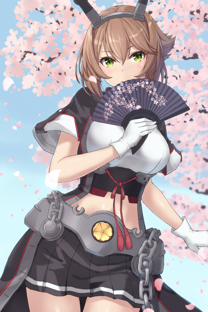 1girl black_coat black_skirt blush brown_hair chain cherry_blossoms closed_mouth coat cowboy_shot eyebrows_visible_through_hair fan folding_fan gloves green_eyes hair_between_eyes headgear highres holding holding_fan kantai_collection long_coat monoku mutsu_(kancolle) pleated_skirt remodel_(kantai_collection) short_hair short_sleeves skirt solo tree white_gloves