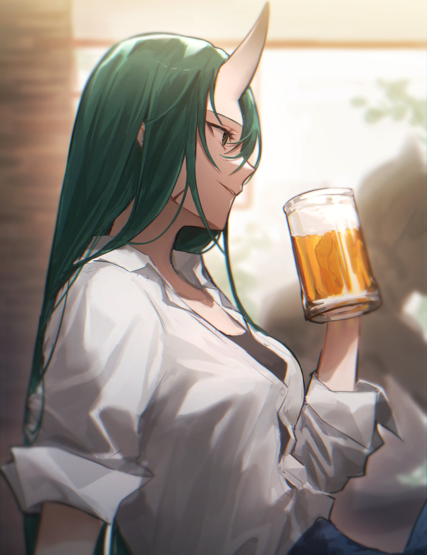 1girl absurdres alcohol alternate_costume arknights beer beer_mug black_shirt blurry blurry_background breasts button_gap casual collared_shirt commentary cup dress_shirt eyelashes from_side green_eyes green_hair grin hair_between_eyes highres holding holding_cup horns hoshiguma_(arknights) long_hair lyas medium_breasts mug oni_horns partially_unbuttoned profile scar scar_on_cheek scar_on_face shirt single_horn sleeves_rolled_up smile solo straight_hair symbol_commentary undershirt upper_body white_shirt