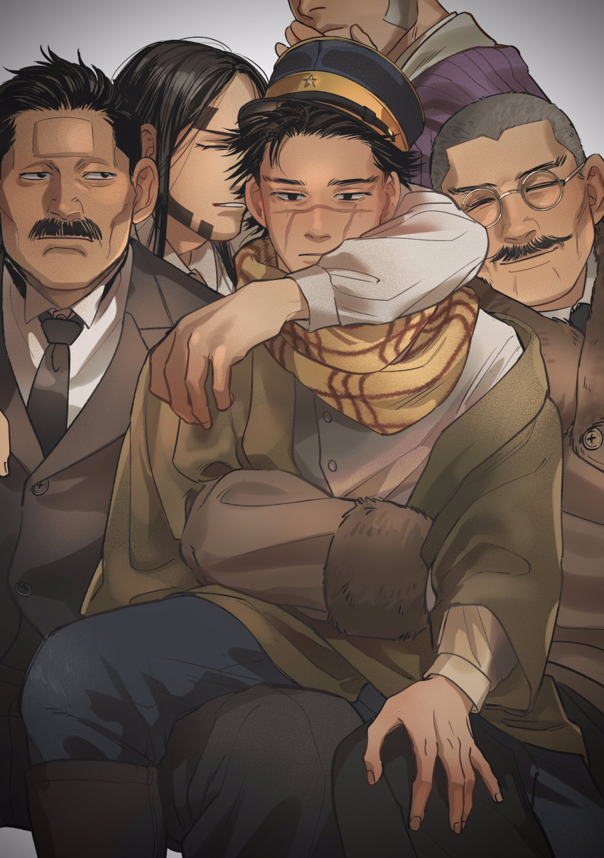 5boys arm_around_neck black_eyes black_neckwear boots brown_coat buzz_cut closed_eyes coat facial_hair formal gansoku_maiharu glasses golden_kamuy grey_hair grey_suit hat highres long_hair long_sideburns medium_hair multiple_boys mustache necktie oosawa_fusatarou pants scarf shiraishi_yoshitake short_hair sideburns simple_background sitting sorewakaru0001 sugimoto_saichi suit thick_eyebrows ushiyama_tatsuma very_short_hair yellow_scarf