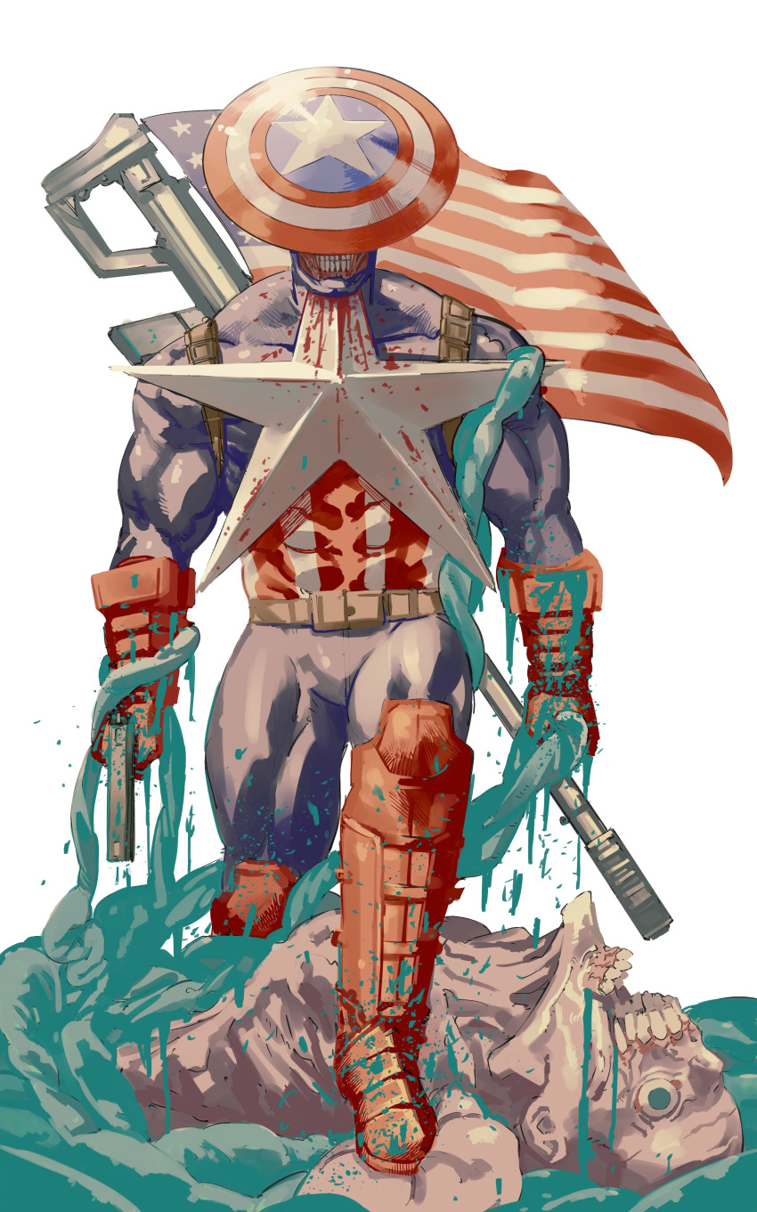 absurdres american_flag bleeding blood blue_bodysuit bodysuit boots captain_america commentary corpse covered_eyes entrails facing_viewer full_body gloves gun handgun highres holding holding_gun holding_weapon holster marvel monster nagayama_koharu organs red_footwear red_gloves shield shoulder_holster simple_background standing star_(symbol) teeth weapon weapon_on_back white_background