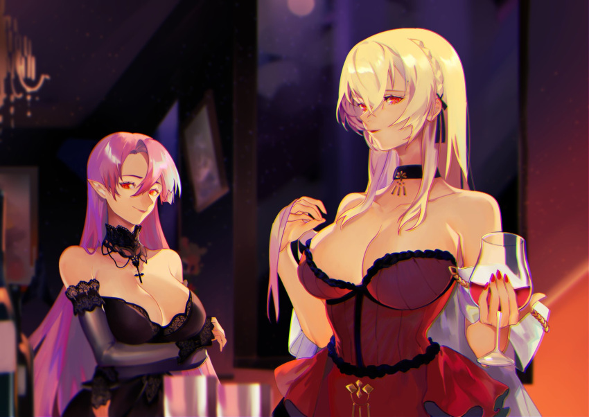 2girls azur_lane bare_shoulders black_dress blonde_hair breasts cocktail_glass cup detached_collar detached_sleeves dress drinking_glass duke_of_york_(azur_lane) duke_of_york_(carola_of_the_eternal_night)_(azur_lane) evening_gown full_moon highres indoors king_george_v_(azur_lane) king_george_v_(rose's_regalia)_(azur_lane) lace-trimmed_sleeves lace_trim large_breasts long_hair looking_at_viewer moon multiple_girls official_alternate_costume pink_hair red_dress red_eyes red_nails ribbon_braid sleeveless sleeveless_dress strapless strapless_dress uyuyuun wine_glass