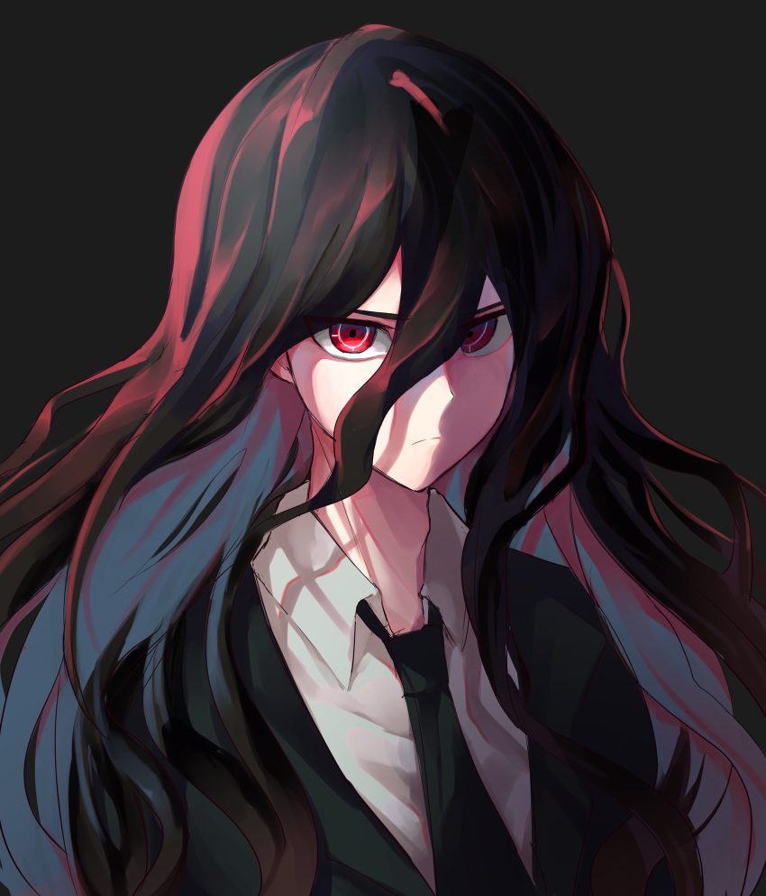 1boy absurdres bangs black_background black_hair black_jacket black_neckwear collared_shirt commentary_request danchu_(danchu0628) dangan_ronpa_(series) dangan_ronpa_2:_goodbye_despair frown hair_between_eyes highres jacket kamukura_izuru long_hair long_sleeves looking_at_viewer male_focus multicolored_hair necktie red_eyes shirt solo upper_body white_shirt