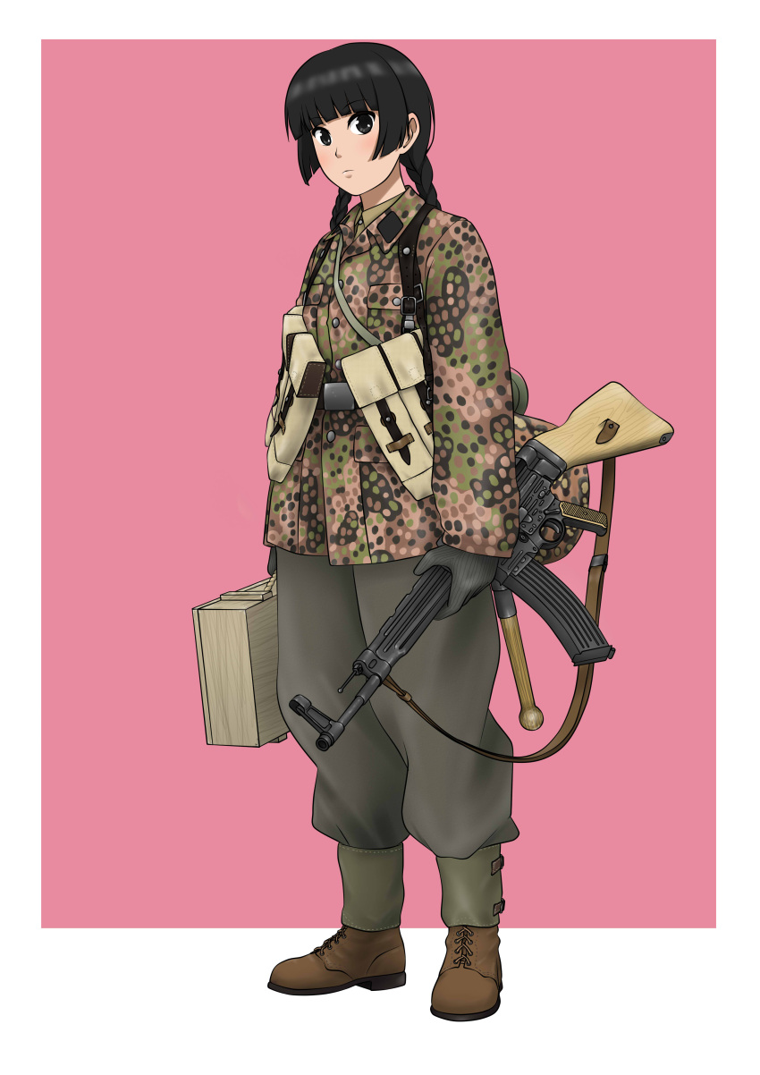 1girl absurdres ammunition_pouch aoi_ichigo_(actress) assault_rifle av_idol bangs black_eyes black_hair blunt_bangs boots box braid camouflage full_body germany gun headwear_removed helmet helmet_removed highres holding holding_box looking_at_viewer military millimeter original pink_background pouch real_life rifle stg44 twin_braids weapon world_war_ii