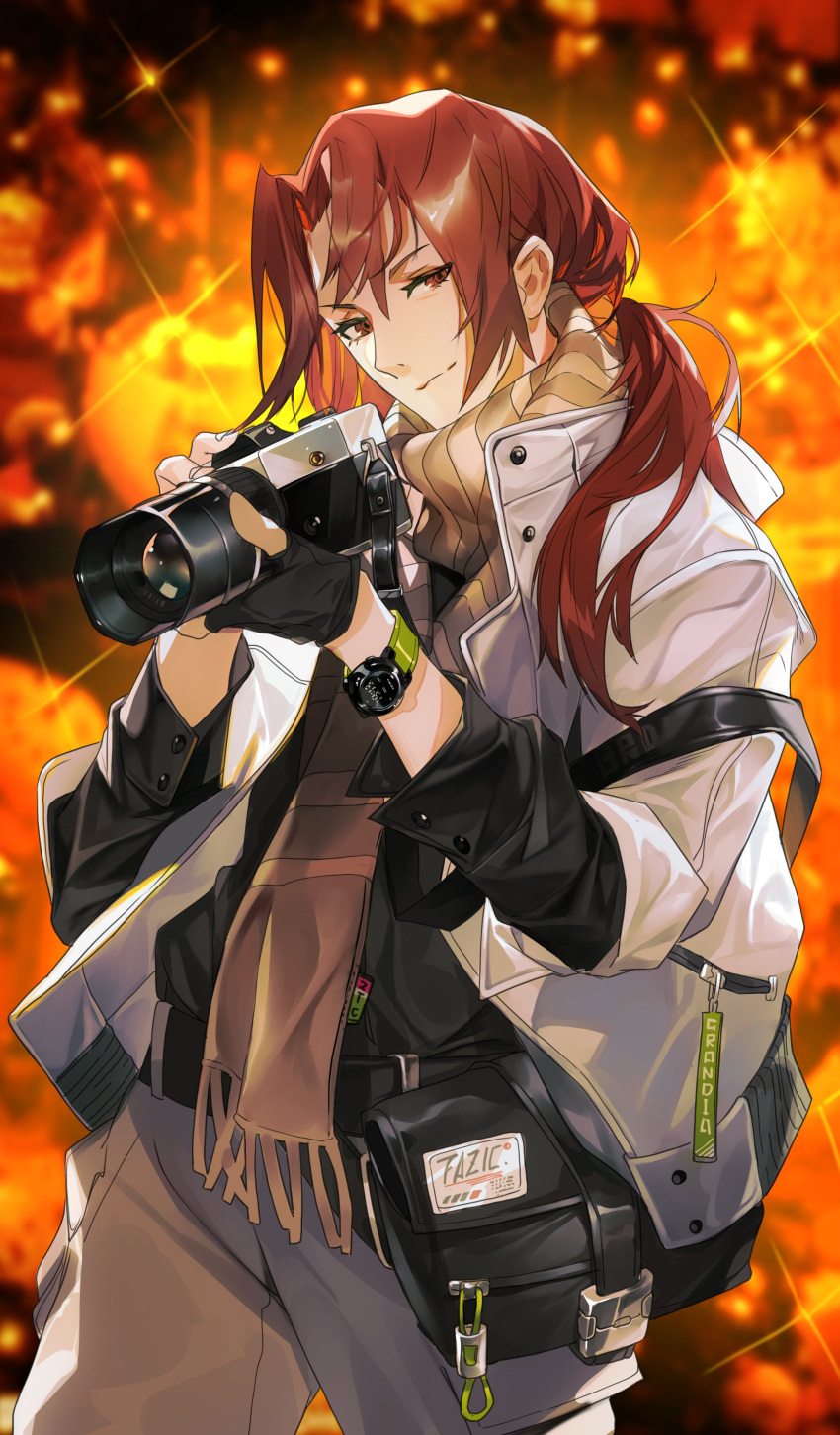1boy absurdres alternate_costume alternate_hairstyle beige_pants black_gloves brown_eyes brown_hair brown_scarf camera cowboy_shot fate/grand_order fate_(series) fingerless_gloves georgios_(fate) gloves grandia_lee highres holding holding_camera jacket long_hair looking_at_viewer male_focus official_alternate_costume open_clothes open_jacket scarf smile solo tied_hair watch watch white_jacket