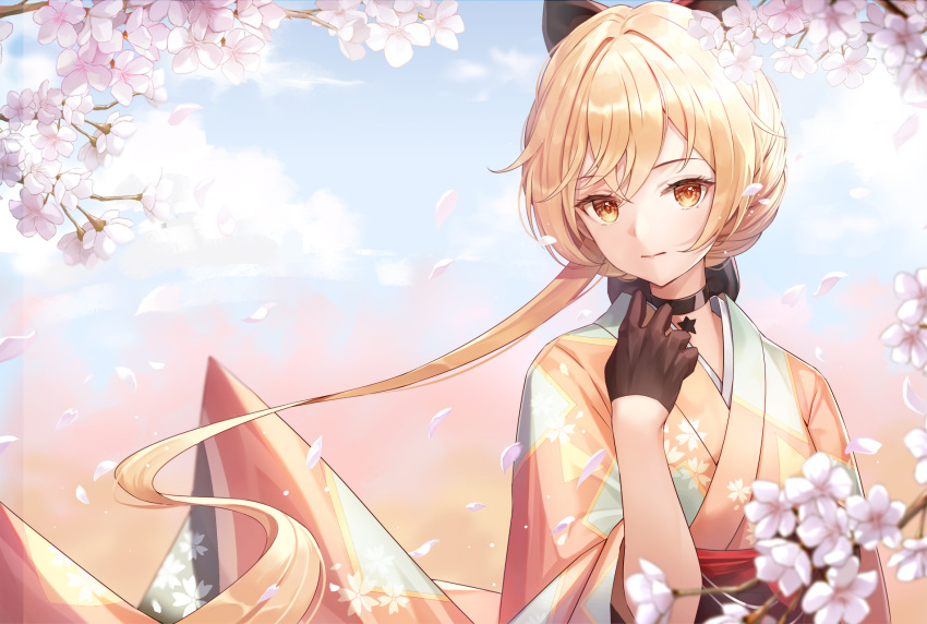 1girl arm_up bangs black_bow black_gloves blonde_hair blue_sky blurry blurry_foreground bow cherry_blossom_print cherry_blossoms choker closed_mouth clouds crossed_bangs day eyebrows_visible_through_hair floral_print girls_frontline gloves hair_bow half_gloves highres japanese_clothes kimono long_hair looking_at_viewer lunacle orange_kimono ots-14_(girls_frontline) outdoors petals sky solo upper_body very_long_hair yellow_eyes