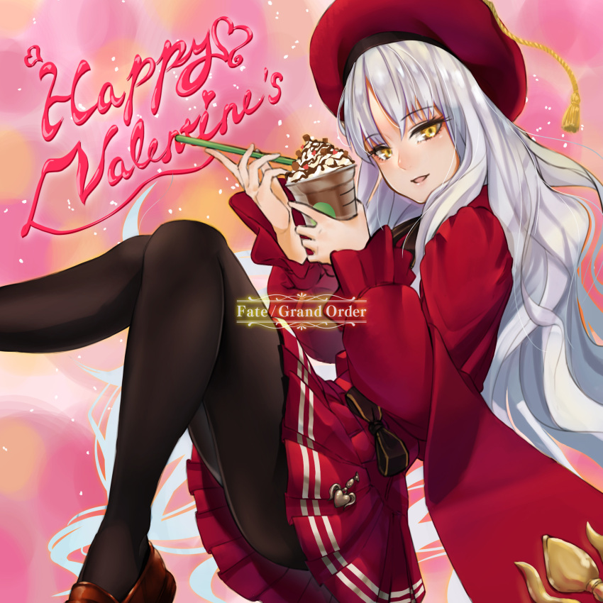 1girl :d amanesan bangs black_legwear brown_footwear caren_hortensia_(amor_caren) copyright_name drinking_straw eyebrows_visible_through_hair fate/grand_order fate_(series) floating_hair from_side hair_between_eyes happy_valentine hat highres holding loafers long_hair long_sleeves looking_at_viewer miniskirt open_mouth pantyhose pleated_skirt red_headwear red_shirt red_skirt shiny shiny_hair shirt shoes silver_hair sitting skirt smile solo very_long_hair yellow_eyes