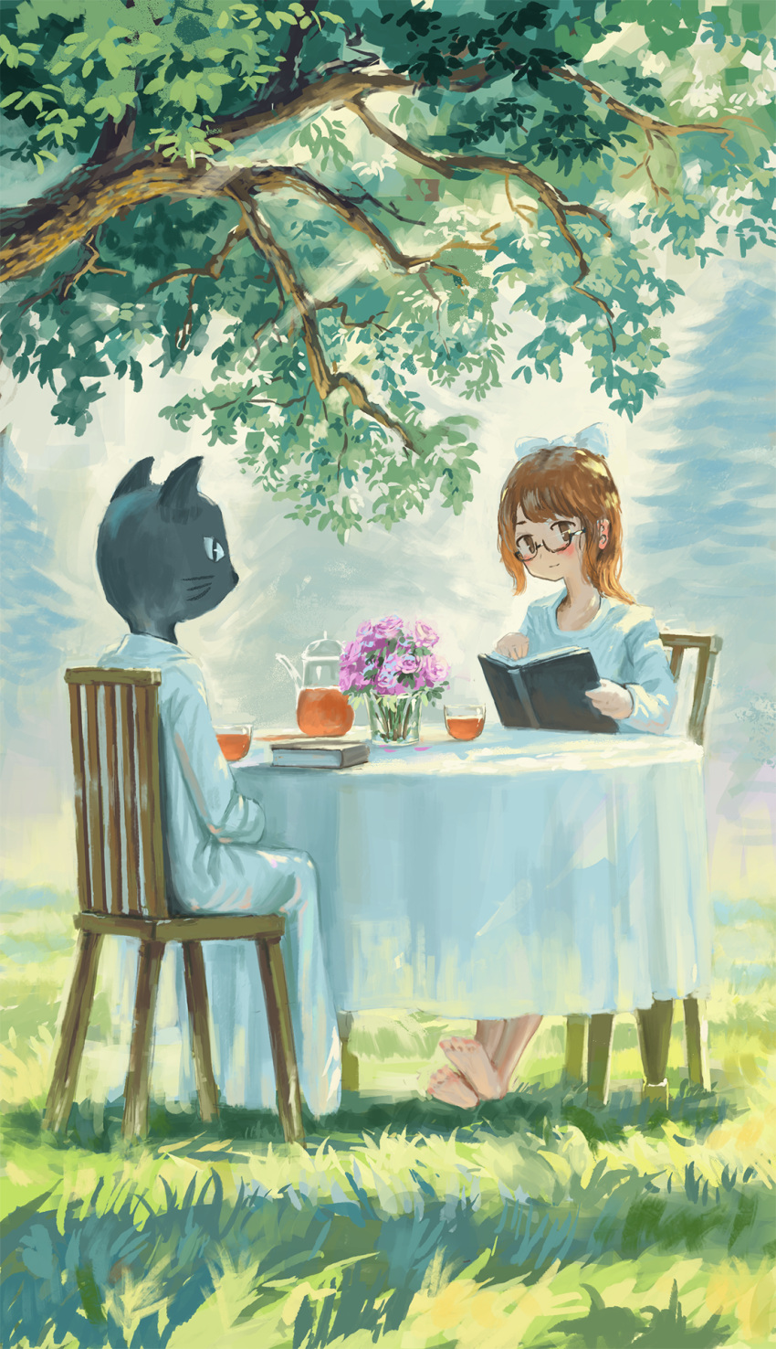 1girl 1other ambiguous_gender bangs barefoot blue_sky blush_stickers book bow brown_eyes brown_hair cat chair cup day fantasy fjsmu flower furry glasses grass hair_bow highres holding holding_book legs_together light_smile long_sleeves looking_at_viewer making-of_available open_book original outdoors purple_flower purple_rose rose shirt short_hair sitting sky table tablecloth teacup teapot tree tree_branch under_tree vase white_robe white_shirt
