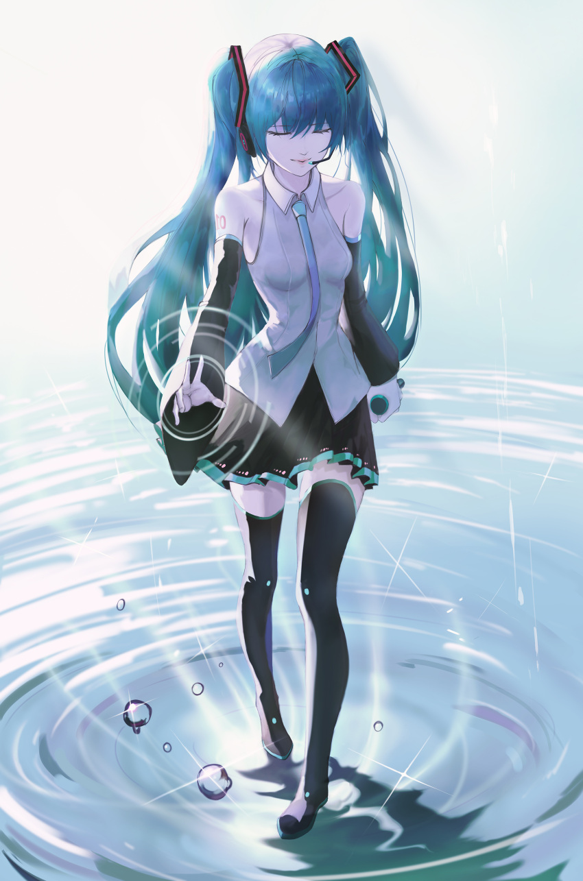 1girl absurdres black_footwear black_skirt black_sleeves blue_hair blue_neckwear boots closed_eyes closed_mouth collared_shirt detached_sleeves dress_shirt floating_hair full_body grey_shirt hair_ornament hatsune_miku headphones headset highres holding holding_microphone illua long_hair long_sleeves microphone miniskirt necktie pleated_skirt shiny shiny_hair shirt skirt sleeveless sleeveless_shirt smile solo standing thigh-highs thigh_boots twintails very_long_hair vocaloid water_surface wing_collar zettai_ryouiki