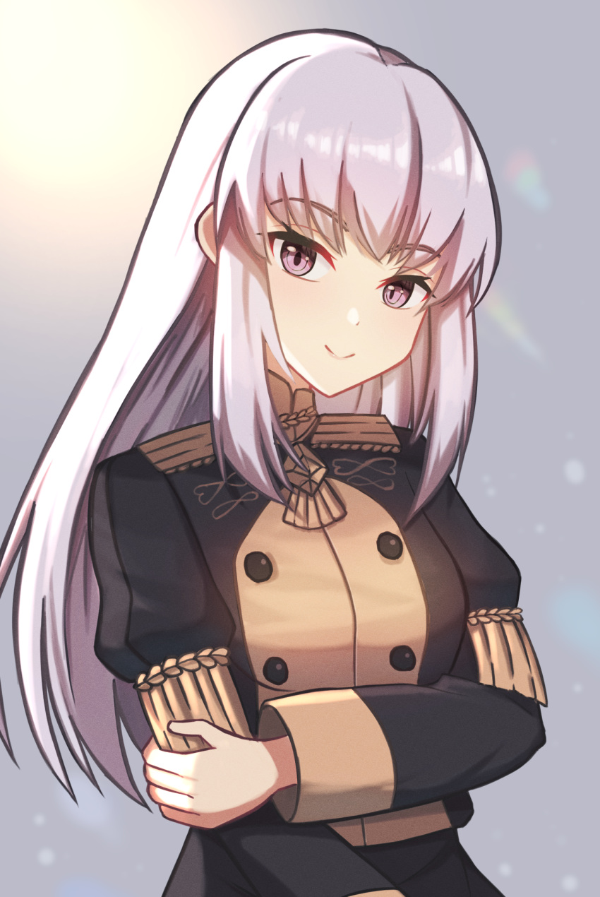 1girl bangs black_jacket commentary_request eyebrows_visible_through_hair fire_emblem fire_emblem:_three_houses garreg_mach_monastery_uniform grey_background head_tilt highres jacket long_hair long_sleeves looking_at_viewer lysithea_von_ordelia partial_commentary sanukiske silver_hair smile solo upper_body violet_eyes