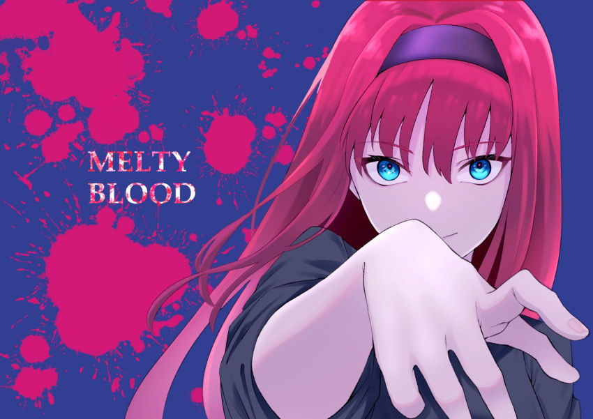 1girl alternate_color bangs black_blouse black_hairband blood blood_splatter blouse blue_background blue_eyes closed_mouth copyright_name hairband highres kuro_chibe long_hair looking_at_viewer melty_blood outstretched_arm player_2 redhead sanpaku sleeves_pushed_up smile solo tohno_akiha tsukihime tsurime upper_body vermillion_akiha