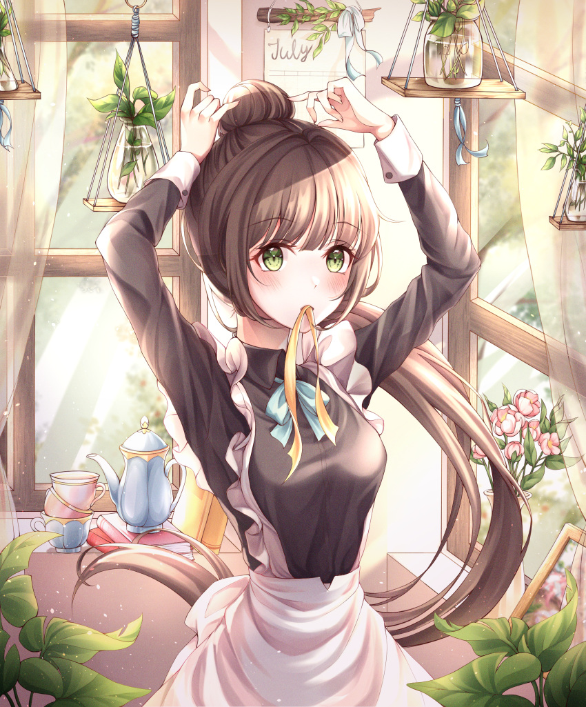 1girl absurdres apron bangs black_shirt blunt_bangs book bow bowtie brown_hair calendar_(object) collared_shirt cup dot_nose dressing eyebrows_visible_through_hair flower green_eyes hair_between_eyes hair_bun hair_tie highres huge_filesize indoors long_hair maid mouth_hold original pippin_sol plant ponytail potted_plant ribbon shirt solo standing teacup teapot very_long_hair window yellow_ribbon