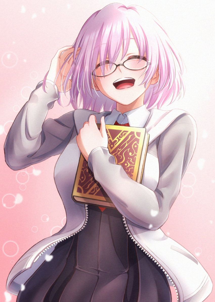 1girl bangs black_dress blush book book_hug commentary_request dress eyebrows_visible_through_hair fate/grand_order fate_(series) glasses hand_to_head highres holding holding_book jacket mash_kyrielight mitsuria_(kanesho1102) necktie open_mouth pink_hair purple_hair round_eyewear short_hair solo