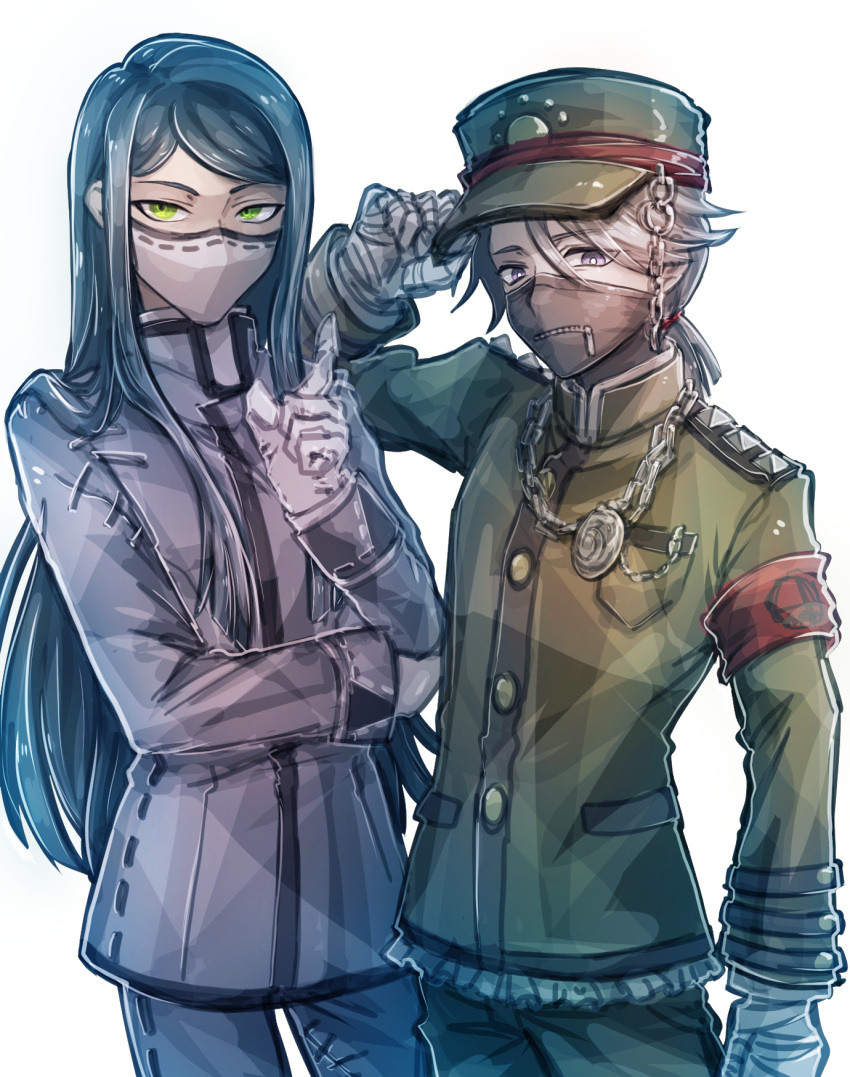 2boys bandaged_hands bandages bangs black_hair brown_eyes chain chain_necklace commentary_request copyright_request cowboy_shot dangan_ronpa_(series) dangan_ronpa_v3:_killing_harmony gloves green_eyes green_headwear green_jacket green_pants grey_background grey_eyes grey_jacket grey_pants hand_up hat highres index_finger_raised jacket jewelry long_hair long_sleeves looking_at_viewer male_focus mask mouth_mask multiple_boys nagare_re_dai necklace pants shinguuji_korekiyo shiny shiny_hair short_hair short_ponytail standing white_gloves