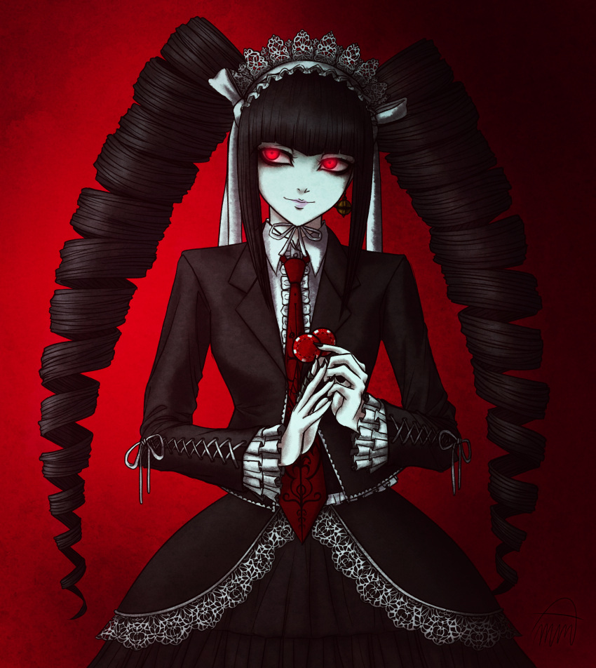 1girl absurdres bangs black_hair black_jacket black_legwear black_skirt blunt_bangs bonnet card celestia_ludenberg center_frills collared_shirt cowboy_shot dangan_ronpa:_trigger_happy_havoc dangan_ronpa_(series) drill_hair earrings english_commentary frills glowing glowing_eyes gothic_lolita gradient gradient_background hairband highres holding jacket jewelry lace-trimmed_skirt lace_trim layered_skirt lolita_fashion long_hair long_sleeves nail_polish necktie own_hands_together pale_skin poker_chip print_neckwear red_background red_eyes red_neckwear shirt sketchmenot skirt smile solo twin_drills twintails white_shirt