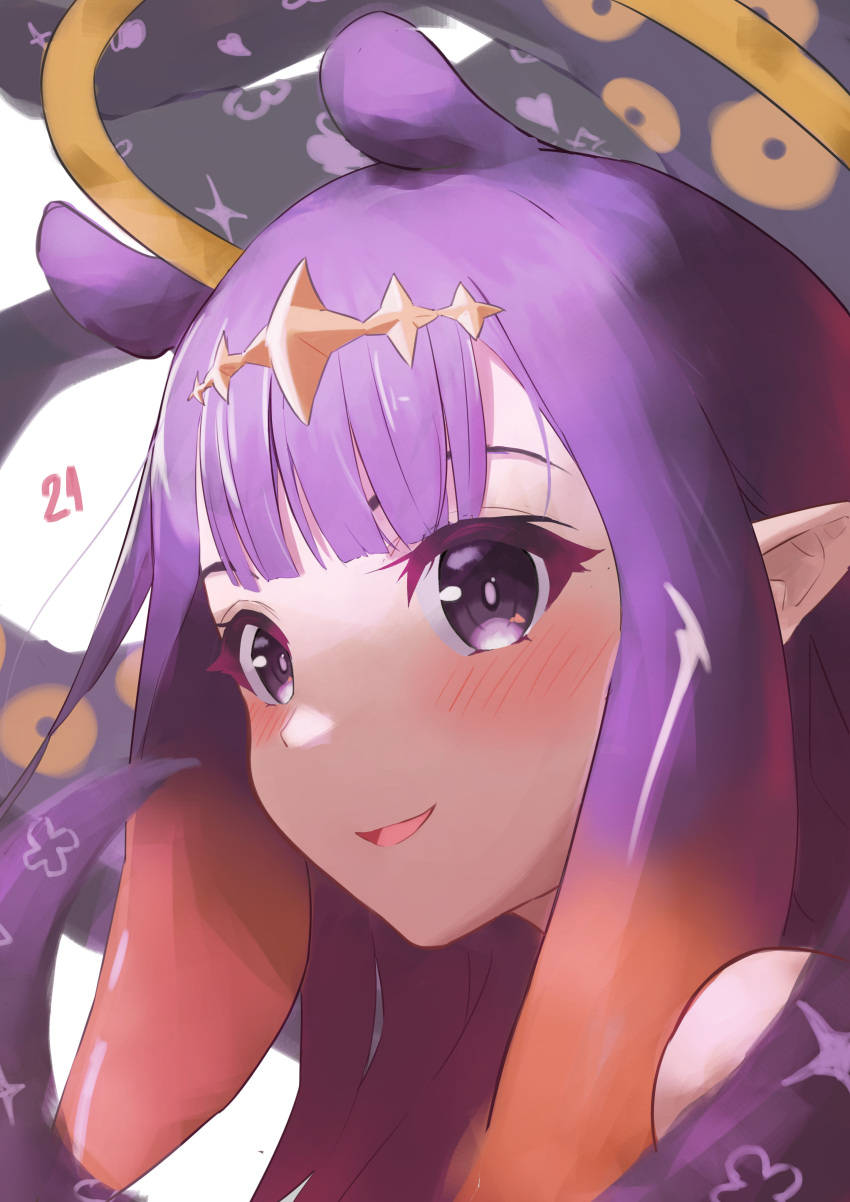 1girl absurdres bangs blush close-up eyebrows_behind_hair felipe_(felipehiroshi) halo highres hololive hololive_english looking_at_viewer monogram ninomae_ina'nis open_mouth pointy_ears purple_hair shoulders smile solo tentacle_hair tentacles violet_eyes virtual_youtuber white_background