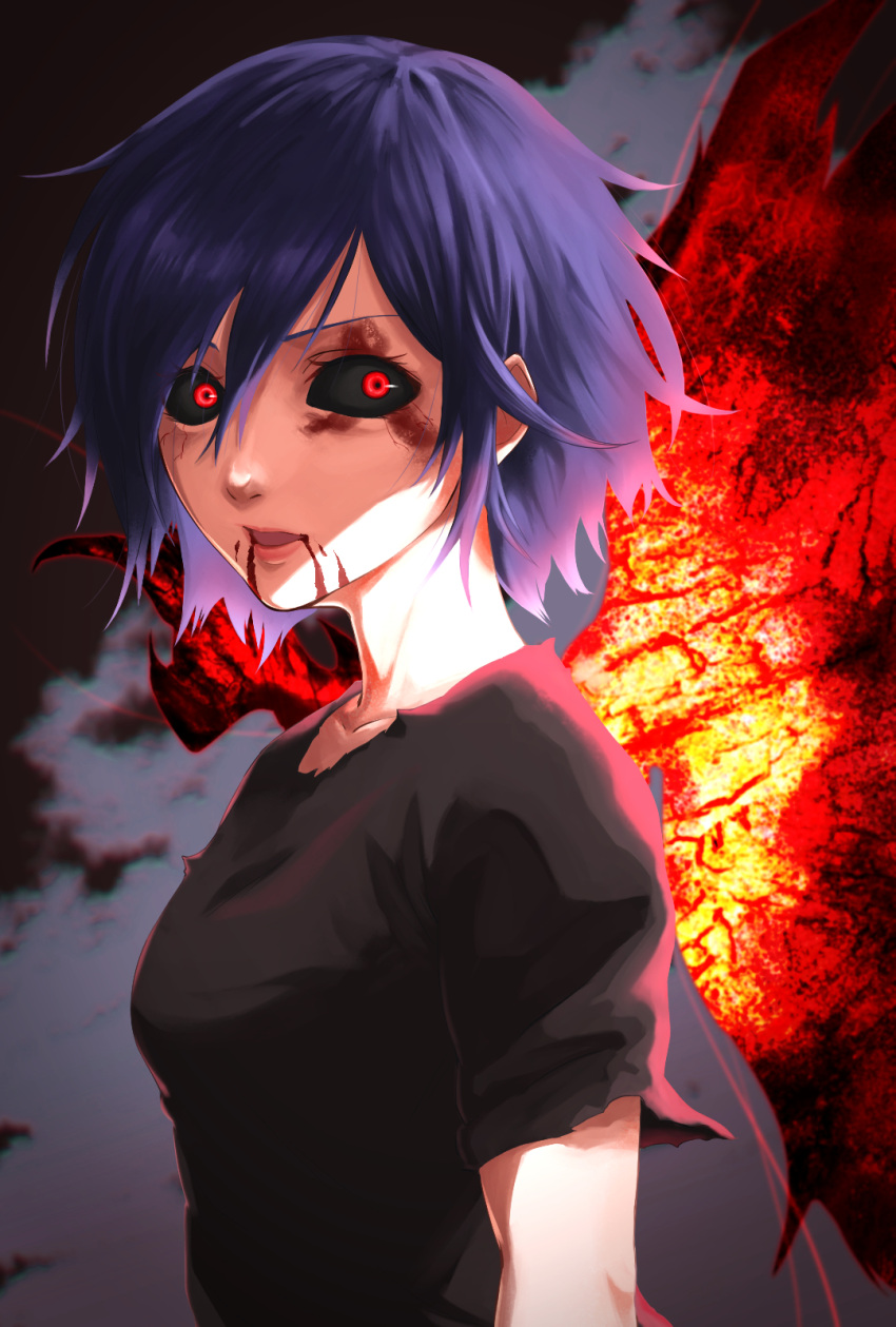 1girl bangs black_sclera black_shirt blood blood_from_mouth blue_hair breasts collarbone colored_sclera commentary_request from_side hair_between_eyes hair_over_one_eye highres kirishima_touka looking_at_viewer open_mouth purple_hair red_eyes red_wings shirt short_hair short_sleeves solo teeth tokyo_ghoul tomato_(akait0mat0) torn_clothes torn_shirt upper_body wings