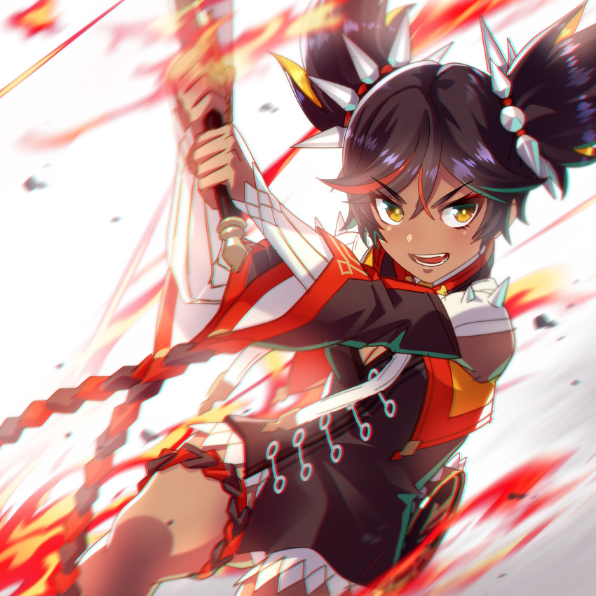 1girl black_dress black_hair dress eyeshadow fire flat_chest floating_hair genshin_impact highres holding holding_sword holding_weapon is_ii light_blush looking_to_the_side makeup motion_blur multicolored_hair open_mouth red_eyeshadow redhead slashing solo streaked_hair sword twintails v-shaped_eyebrows weapon xinyan_(genshin_impact)