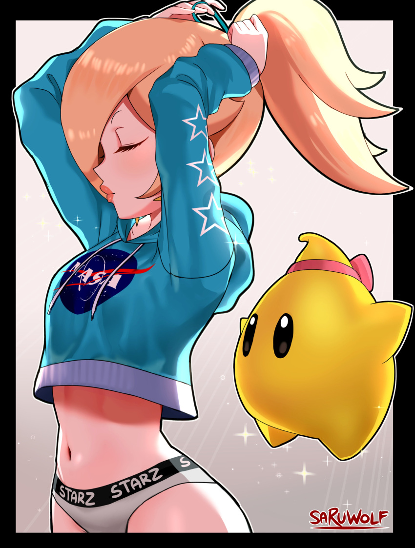 1girl absurdres ass blonde_hair closed_eyes earrings highres jewelry long_hair luma_(mario) super_mario_bros. navel panties plush ponytail rosalina sarukaiwolf shirt simple_background star_(symbol) star_earrings stuffed_toy super_mario_galaxy super_smash_bros. tying_hair underwear white_panties