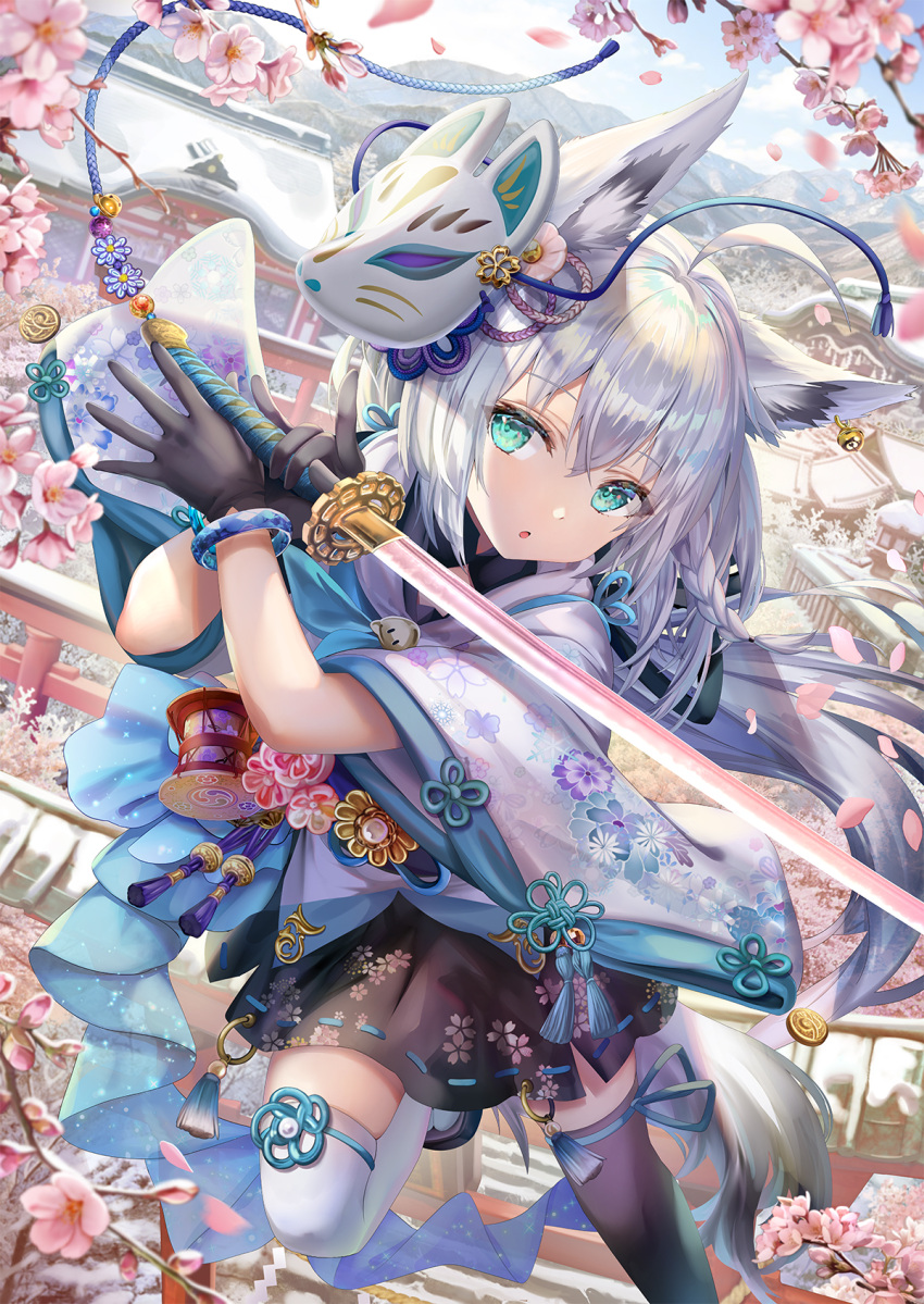 1girl :o ahoge animal_ear_fluff animal_ears asymmetrical_legwear bangs black_gloves black_legwear black_skirt bracelet cherry_blossoms eyebrows_visible_through_hair floral_print foot_out_of_frame fox_ears fox_mask fox_tail gloves green_eyes hair_ornament highres holding holding_sword holding_weapon hololive japanese_clothes jewelry kimono leg_ribbon mask mask_on_head multicolored multicolored_clothes outdoors parted_lips petals ribbon shirakami_fubuki silver_hair skirt snow solo sword tail thigh-highs torino_akua weapon white_legwear