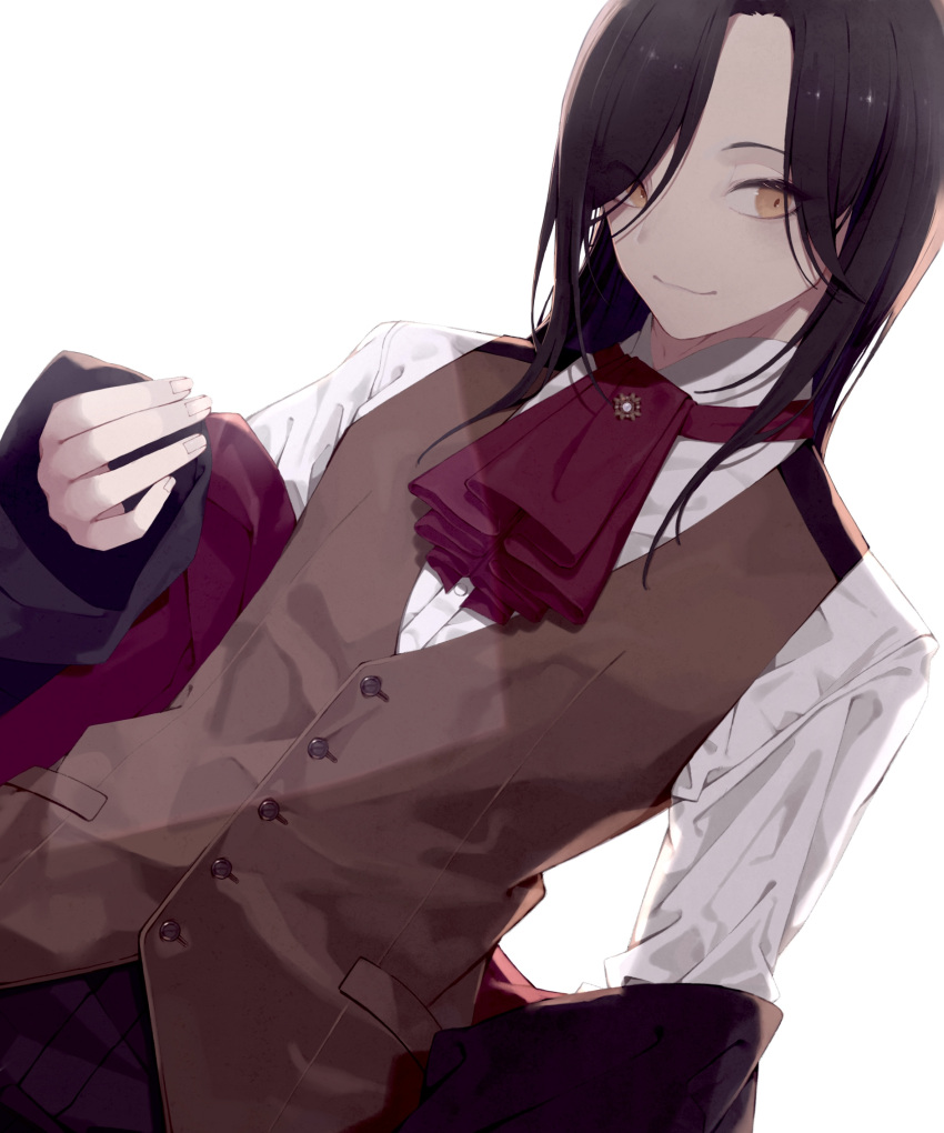 1boy absurdres ascot black_hair brown_vest collared_shirt dutch_angle hair_over_one_eye highres long_hair looking_at_viewer nijisanji red_neck shellin_burgundy shi_chi_41 shirt simple_background solo vest virtual_youtuber waistcoat white_background white_shirt yellow_eyes