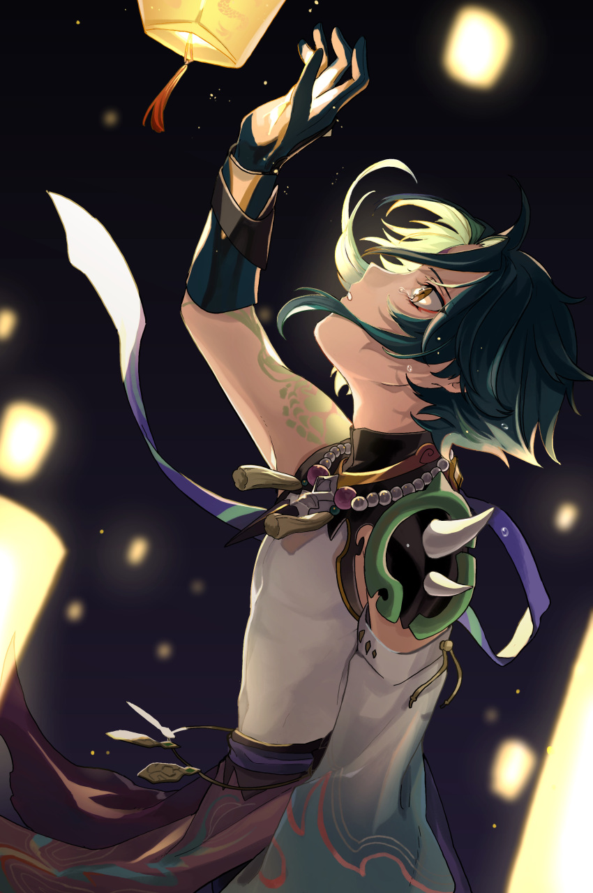 1boy absurdres arm_tattoo armor bead_necklace beads brown_eyes crying crying_with_eyes_open detached_sleeves dragon_print genshin_impact gloves green_gloves green_hair highres jewelry lantern looking_up male_focus nakura_hakuto necklace paper_lantern parted_lips pauldrons shoulder_armor single_pauldron solo tattoo tears xiao_(genshin_impact)