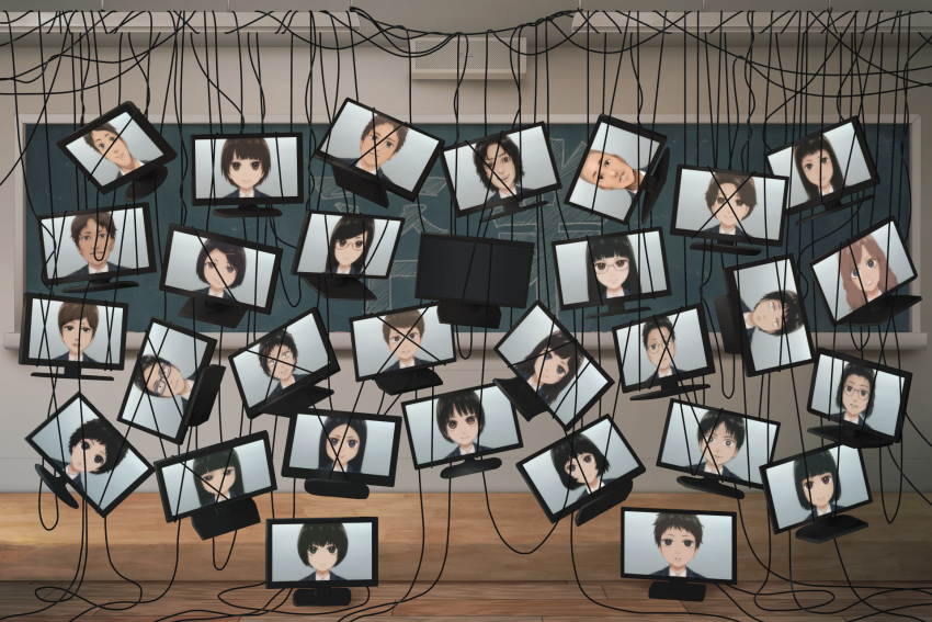 6+boys 6+girls abstract bangs black_hair blunt_bangs brown_hair cable chalkboard classroom glasses graduation highres long_hair monitor multiple_boys multiple_girls open_mouth original portrait shaved_head short_hair smile translated yajirushi_(chanoma)
