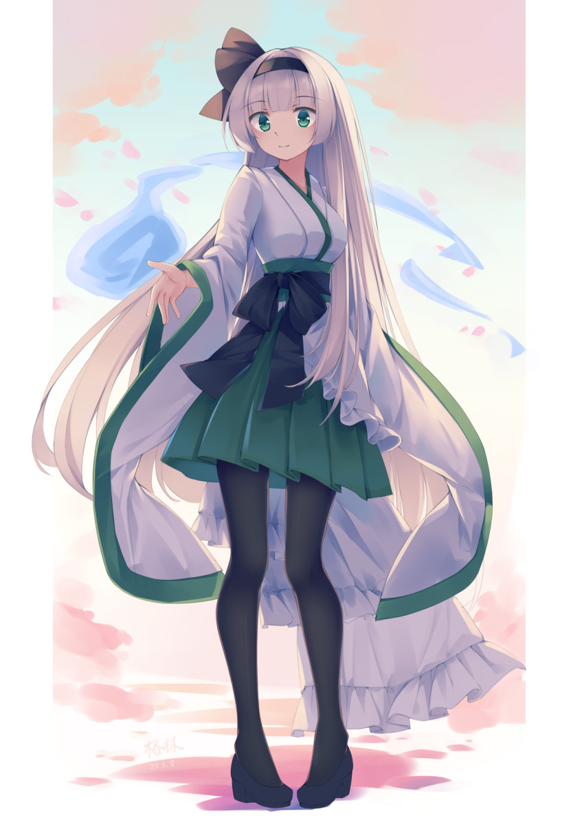 1girl abstract_background alternate_costume alternate_hair_length alternate_hairstyle black_legwear commentary full_body furisode green_eyes green_hakama hair_ribbon hakama hakama_skirt highres japanese_clothes kimono konpaku_youmu konpaku_youmu_(ghost) long_hair looking_at_viewer mechrailgun multicolored multicolored_background obi outstretched_hand pantyhose pigeon-toed pleated_skirt ribbon sash silver_hair skirt smile solo standing touhou very_long_hair