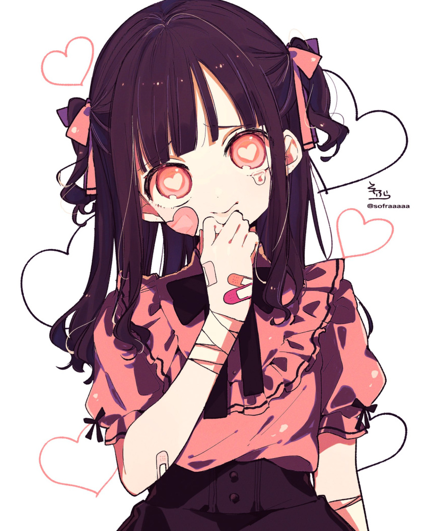 1girl bandaged_arm bandages bandaid bandaid_on_arm bandaid_on_cheek bandaid_on_hand bangs black_hair black_skirt bow closed_mouth commentary eyebrows_visible_through_hair frills hair_bow hand_up head_tilt heart heart-shaped_pupils high-waist_skirt highres long_hair looking_at_viewer original pink_bow pink_shirt puffy_short_sleeves puffy_sleeves red_eyes shirt short_sleeves signature simple_background skirt sofra solo symbol-shaped_pupils symbol_commentary tears twitter_username two_side_up white_background