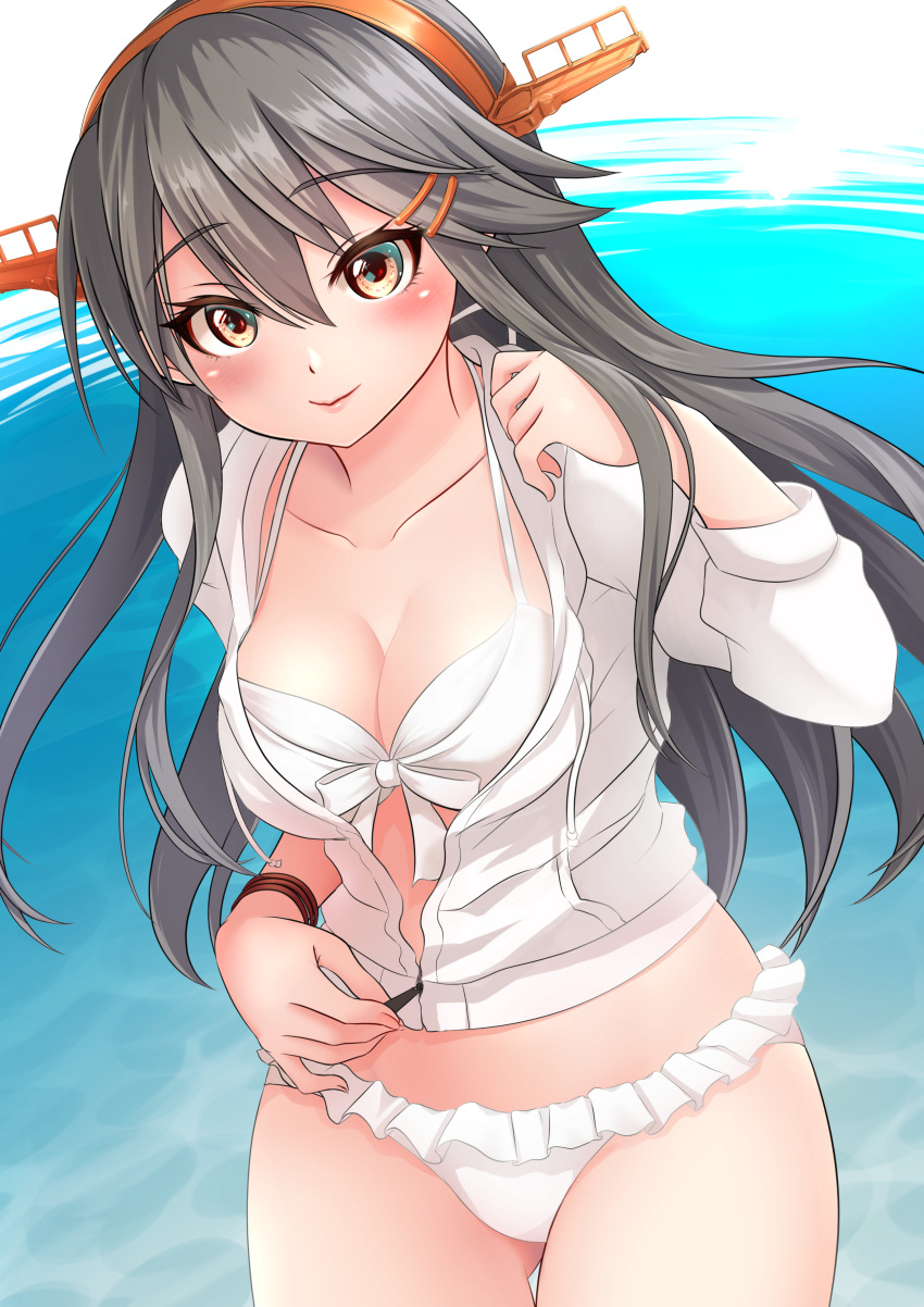 1girl absurdres bikini breasts brown_eyes cowboy_shot frilled_bikini frills grey_hair hair_ornament hairband hairclip haruna_(kancolle) headgear highres jacket kantai_collection long_hair makura_(user_jpmm5733) medium_breasts official_alternate_costume remodel_(kantai_collection) solo standing swimsuit white_bikini white_jacket