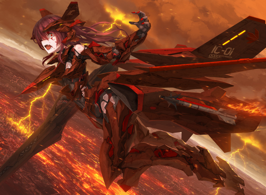 1girl bangs blood blood_on_face character_request clouds cloudy_sky commentary_request constricted_pupils fangs flying gun headgear highres holding holding_weapon lightning mecha_musume medium_hair missile ocean open_mouth project_wingman red_eyes redhead rifle sky solo tom-neko_(zamudo_akiyuki) weapon