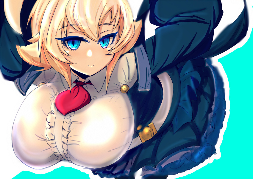 1girl ahoge ascot blazblue blonde_hair blue_eyes breasts center_frills es_(xblaze) frills ha88hama highres huge_ahoge huge_breasts impossible_clothes impossible_shirt looking_at_viewer oppai_loli red_neckwear shirt solo underbust wide_sleeves xblaze xblaze_code:_embryo
