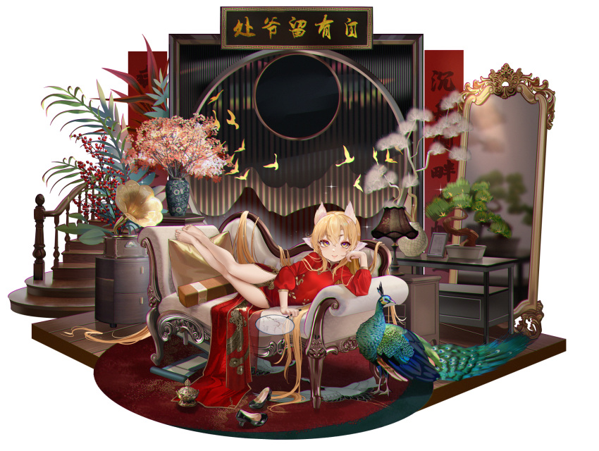 1girl animal_ears bangs bare_legs barefoot bird black_footwear blonde_hair bonsai breasts carpet chinese_clothes collared_shirt commentary_request couch cushion eyebrows_visible_through_hair head_rest highres holding long_hair long_sleeves looking_at_viewer lying mirror moyamoya_(moya11158375) on_couch on_side original peacock pelvic_curtain phonograph plant potted_plant red_shirt shirt shoes_removed sidelocks small_breasts smile solo tangzhuang very_long_hair wide_shot yellow_eyes