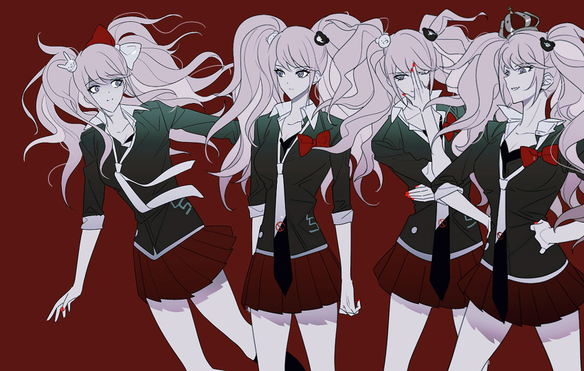 4girls bangs bear_hair_ornament black_bra black_neckwear black_shirt bow bra breasts bunny_hair_ornament cosplay cowboy_shot crown dangan_ronpa:_trigger_happy_havoc dangan_ronpa_(series) dual_persona enoshima_junko enoshima_junko_(cosplay) freckles hair_ornament hands_on_hips highres ikusaba_mukuro long_hair looking_at_another medium_breasts miniskirt multiple_girls necktie pleated_skirt red_background red_bow red_nails red_skirt shaded_face shirt skirt smiel smile spoilers standing twintails underwear vo1ez white_bow white_neckwear