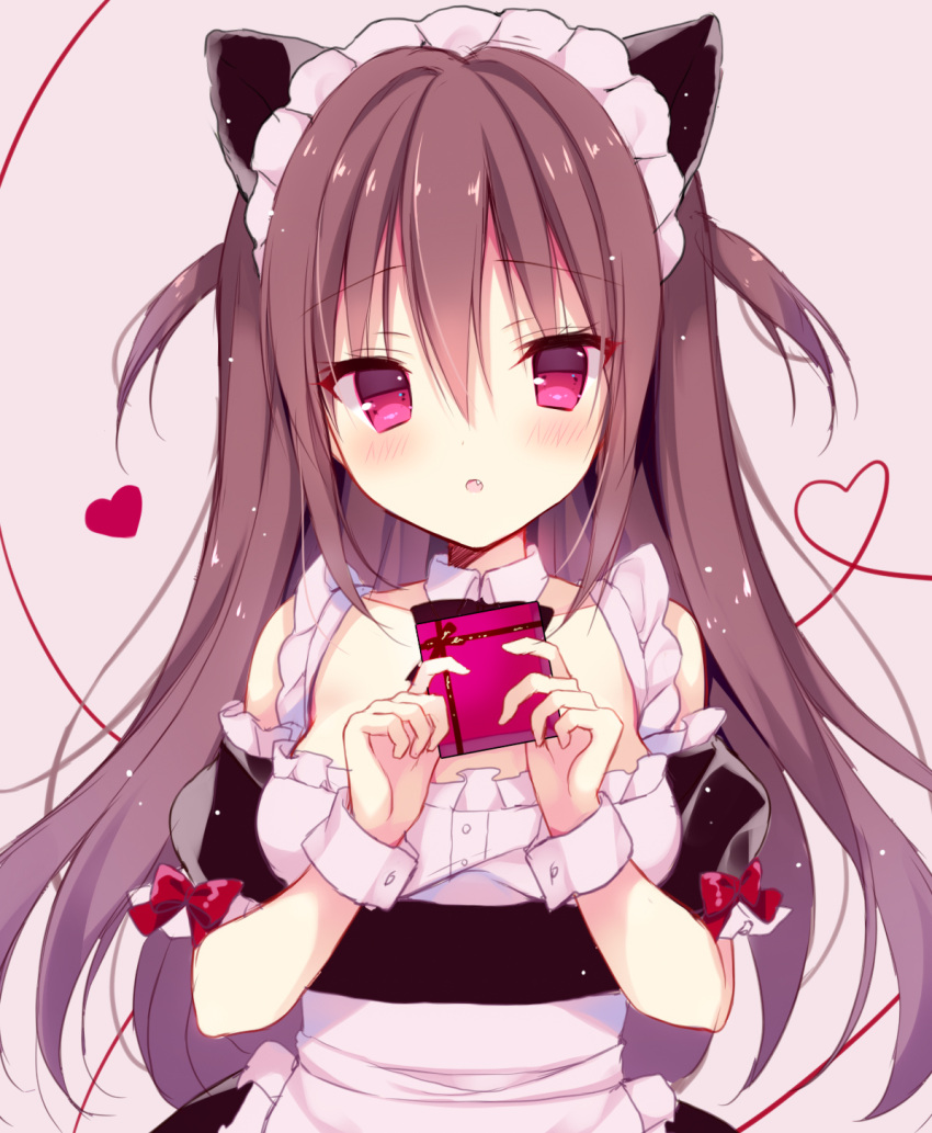 1girl :o animal_ears apron bangs bare_shoulders black_bow black_dress black_sleeves blush bow box brown_background brown_hair cat_ears collar collarbone commentary_request detached_collar detached_sleeves dress eyebrows_visible_through_hair fang frilled_apron frills gift gift_box hair_between_eyes hands_up heart heart_of_string highres holding holding_gift izuminanase long_hair looking_at_viewer maid maid_headdress original parted_lips puffy_short_sleeves puffy_sleeves red_bow red_eyes short_sleeves simple_background sleeveless sleeveless_dress solo two_side_up valentine very_long_hair waist_apron white_apron white_collar wing_collar