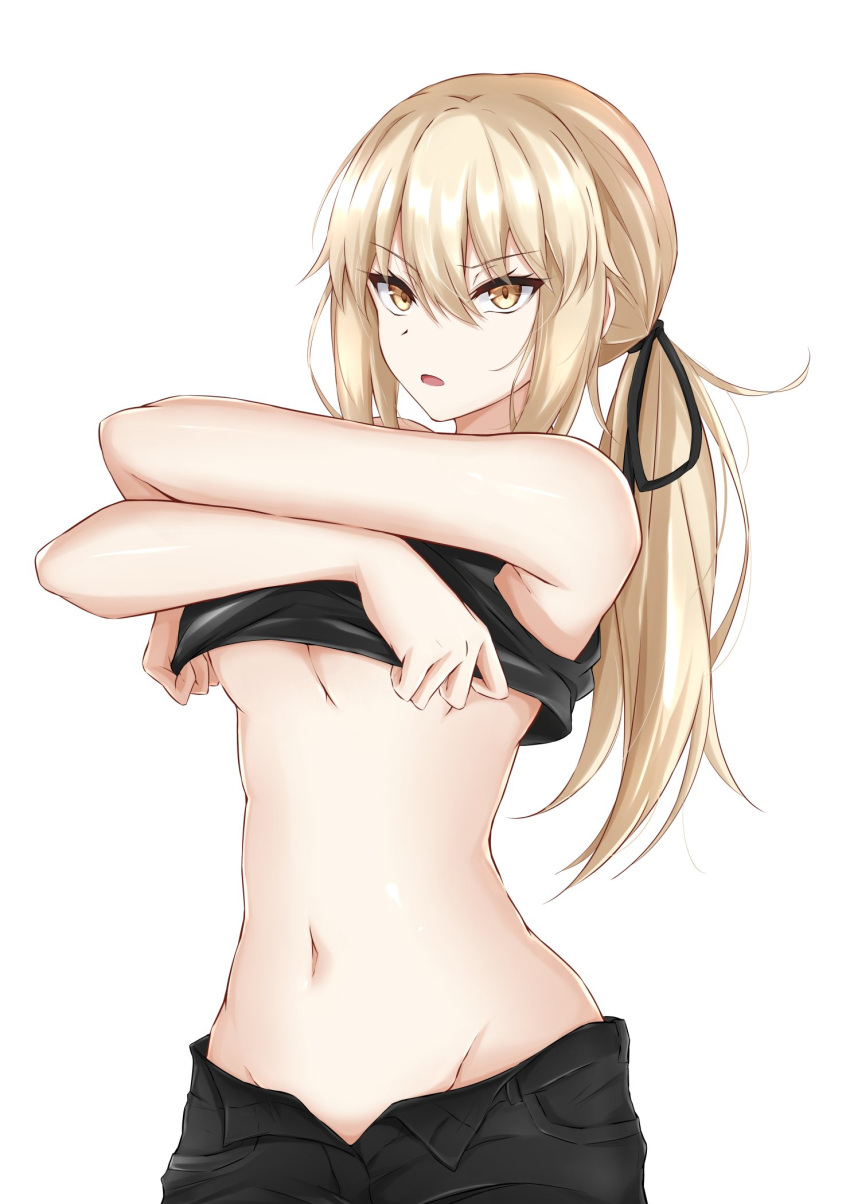 1girl artoria_pendragon_(all) bangs bare_shoulders black_ribbon blonde_hair breasts commentary eyebrows_visible_through_hair fate/grand_order fate_(series) hair_between_eyes hair_ribbon highres lifted_by_self long_hair looking_at_viewer low_ponytail navel parted_lips piro_(prwtrs) ribbon saber_alter simple_background sleeveless solo stomach under_boob upper_body white_background yellow_eyes