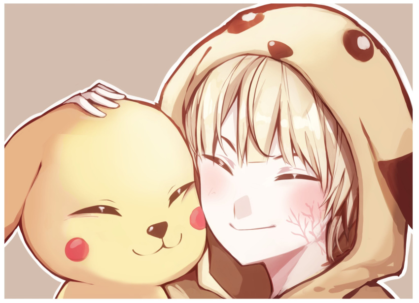 1girl ^_^ apex_legends blonde_hair brown_background closed_eyes crossover eyebrows_behind_hair gen_1_pokemon highres hood hood_up hug lichtenberg_figure nitogebeto pikachu pikachu_ears pikachu_hood pokemon pokemon_ears scar scar_on_cheek scar_on_face short_hair smile trait_connection upper_body wattson_(apex_legends)