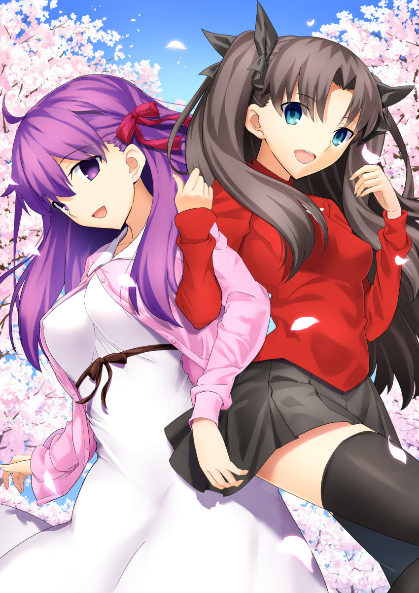 2girls a-senmei ahoge black_bow black_legwear black_skirt blue_eyes blue_sky bow breasts brown_hair cherry_blossoms collarbone cowboy_shot dress eyebrows_visible_through_hair fate/stay_night fate_(series) fingernails hair_ribbon highres large_breasts locked_arms long_hair looking_at_viewer matou_sakura medium_breasts miniskirt multiple_girls open_mouth petals pink_sweater pleated_skirt purple_hair red_bow ribbon shadow skirt sky smile sweater taut_clothes thigh-highs thighs tohsaka_rin tree two_side_up upper_teeth very_long_hair violet_eyes white_dress zettai_ryouiki