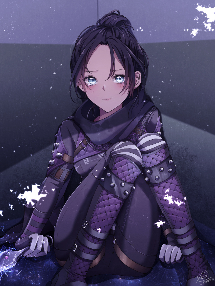 1girl apex_legends blue_eyes blush bodysuit breasts clenched_hand dated electricity forehead hair_behind_ear hair_bun highres holding holding_knife knife looking_at_viewer medium_breasts purple_hair sa10yul signature sitting solo tearing_up wraith_(apex_legends)