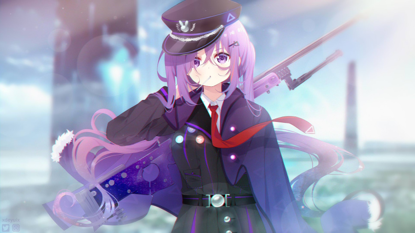 1girl :o bangs belt black_belt black_headwear black_jacket blurry blurry_background cape collared_shirt commentary_request day depth_of_field deyui eyebrows_visible_through_hair gochuumon_wa_usagi_desu_ka? gun hair_between_eyes hand_up hat highres jacket long_hair looking_at_viewer mouth_hold outdoors parted_lips peaked_cap purple_cape purple_hair red_neckwear shirt solo tedeza_rize twintails v-shaped_eyebrows very_long_hair violet_eyes wallpaper weapon weapon_on_back white_shirt